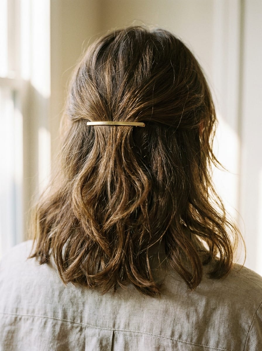 Half-up mit kleiner Haarspange - Einfache Frisur mittellang